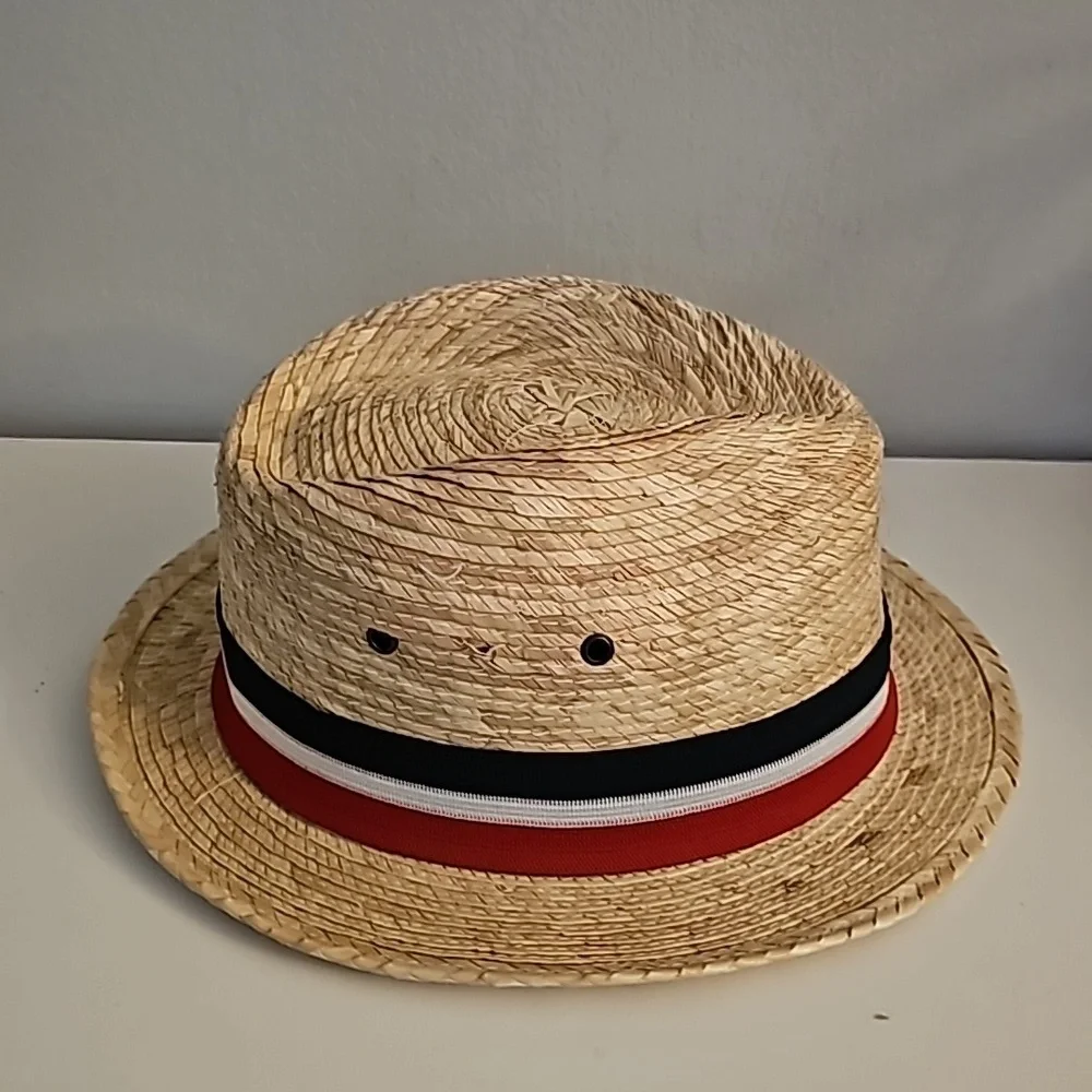 Stylish Straw Fedora with Red White and Blue Band